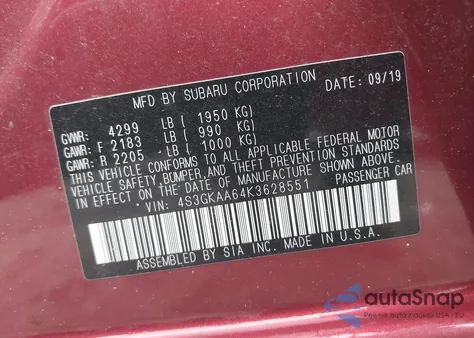 2019 Subaru Impreza 2.0I from USA, damaged, VIN 4S3GKAA64K3628551